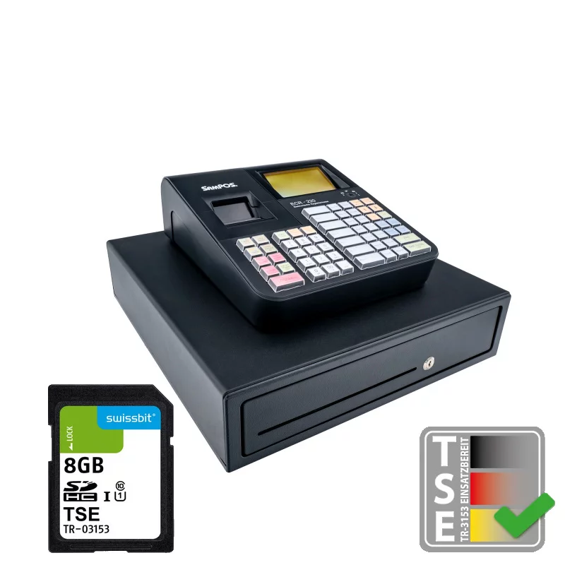 SamPOS ECR-220 Registrierkasse in Schwarz mit SD-TSE und TSE-Zertifikat - schräge Ansicht