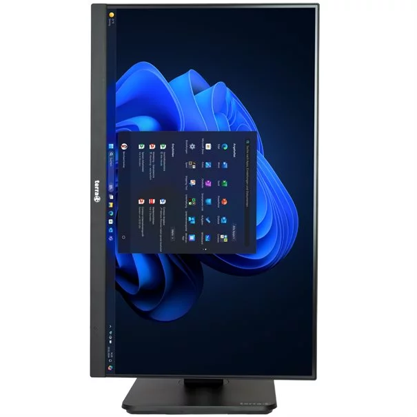 TERRA ALL-IN-ONE-PC 2710 HA GREENLINE in Schwarz - Frontansicht mit blauem Desktop-Hintergrund und geöffnetem Menü