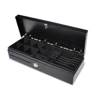 CMF460 Sprungdeckel-Kassenlade in Schwarz - geöffnete Draufsicht mit Münzfächern und Geldscheinfach