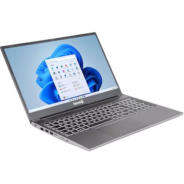 TERRA MOBILE 1500P R5-7430U Laptop in Grau - schräge Ansicht mit geöffnetem Display und Windows 11
