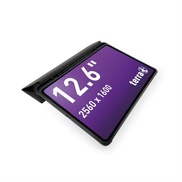TERRA PAD 1201 12.6 Zoll Android Tablet in Schwarz mit lila Display - schräge Seitenansicht