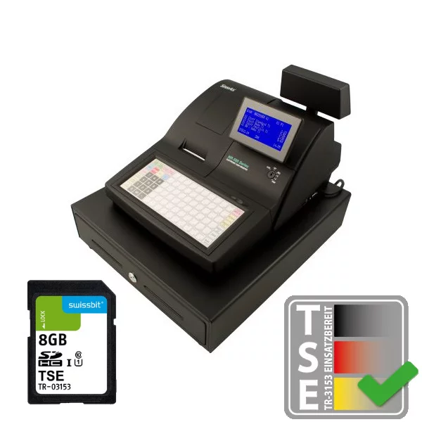 Sam4s NR-510 Registrierkasse schwarz mit Flachtastatur und TSE-Lizenz - schräge Ansicht mit blauem Display