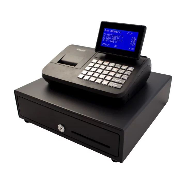 Sam4s NR-420 Registrierkasse in Schwarz mit blauem Display und Kassenlade - schräge Ansicht